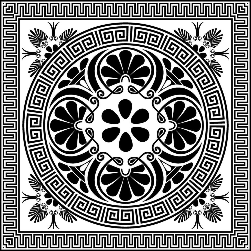 Greek square seamless pattern. Greek key meanders, floral ornaments. Black and white classic Greek square ornament, Ornamental greek key meanders, frames, borders, frames. Ornate greek style vector