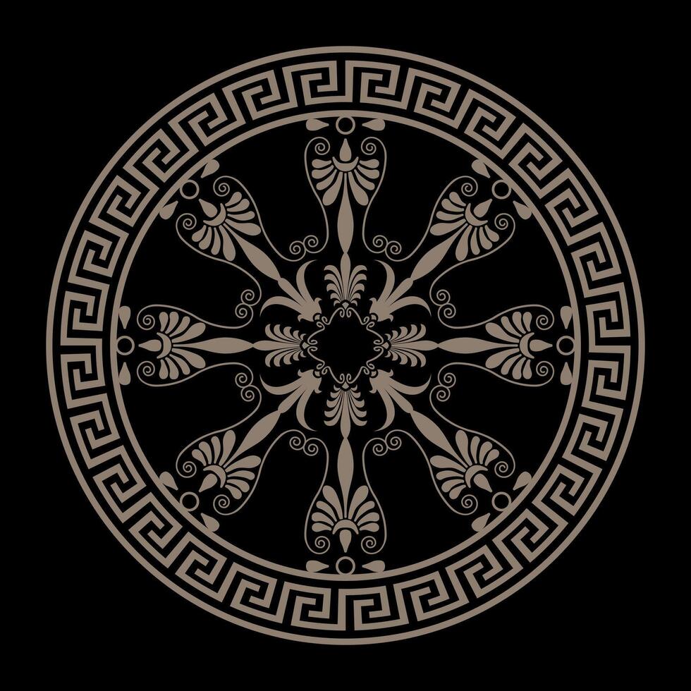 Greek golden round ornament. Greek key meanders. Circle of Ancient Greece, Roman Empire. Greek fret, key. Circle, Arabesque, Byzantine pattern. Decoration of European palaces, ceramic, textile vector