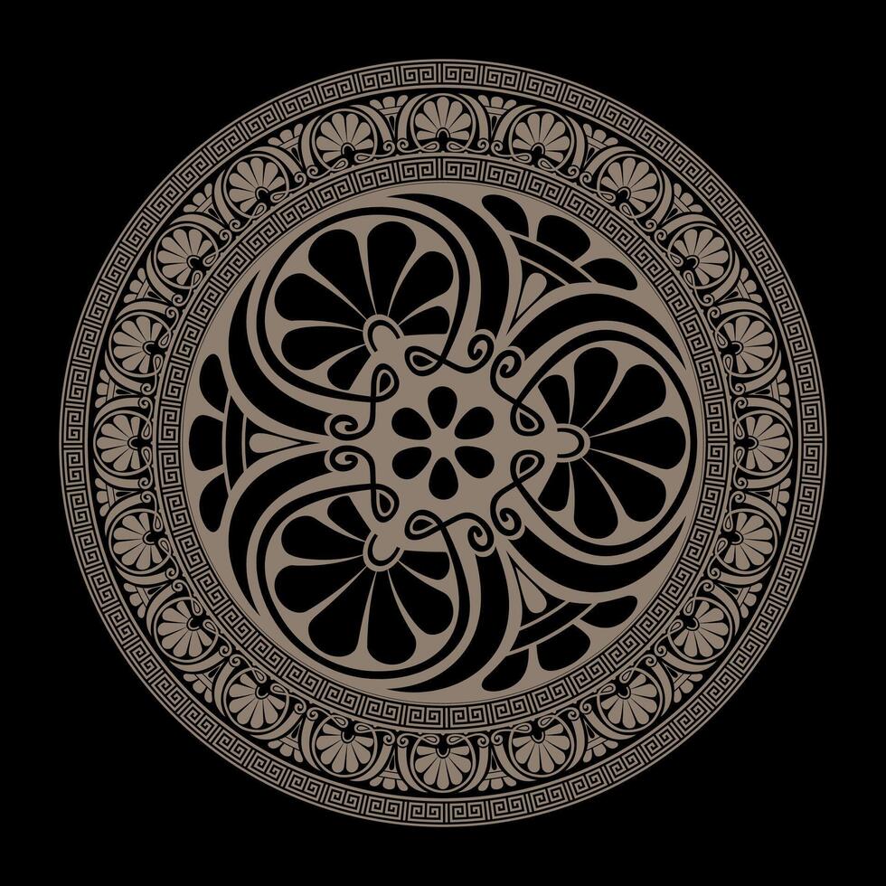Classic Greek round ornament plate. Gold round frame with Greek meander, Byzantine pattern. Circle of Ancient Greece, Roman Empire. For design for ceramic, textile, embroidery, porcelain, engraving vector