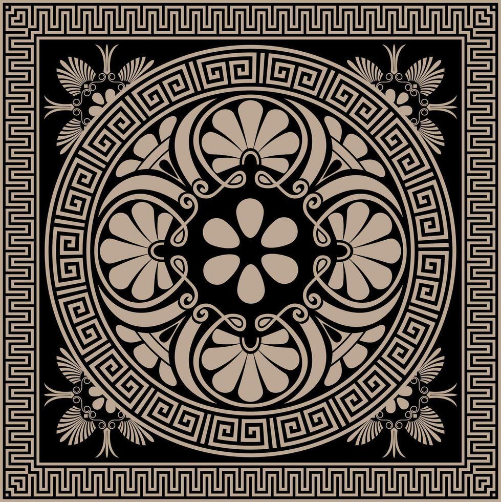 Greek seamless pattern. Greek key meanders, floral ornaments. Golden black classic Greek square ornament, Ornamental greek key meanders, frames, borders, frames. Ornate greek style background. vector