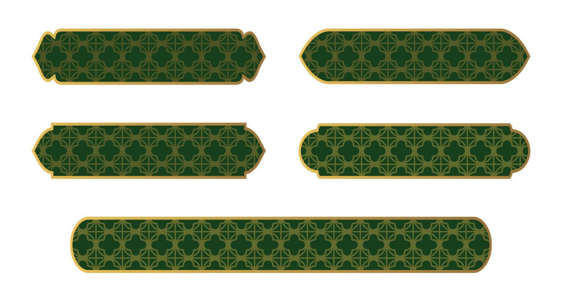 Collection Luxury golden arabic islamic text box title frame border set with ornamental template. Infographic design element. Islamic window, arche. Set golden green web button. Luxury islamic label vector