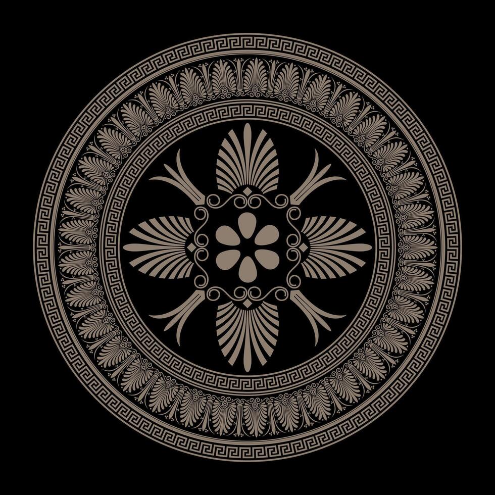 Gold Greek round pattern on black background. Greek key meanders ornaments. Circle of Ancient Greece, Roman Empire. Byzantine painting pattern. Decoration for European palaces, ceramic, textil vector