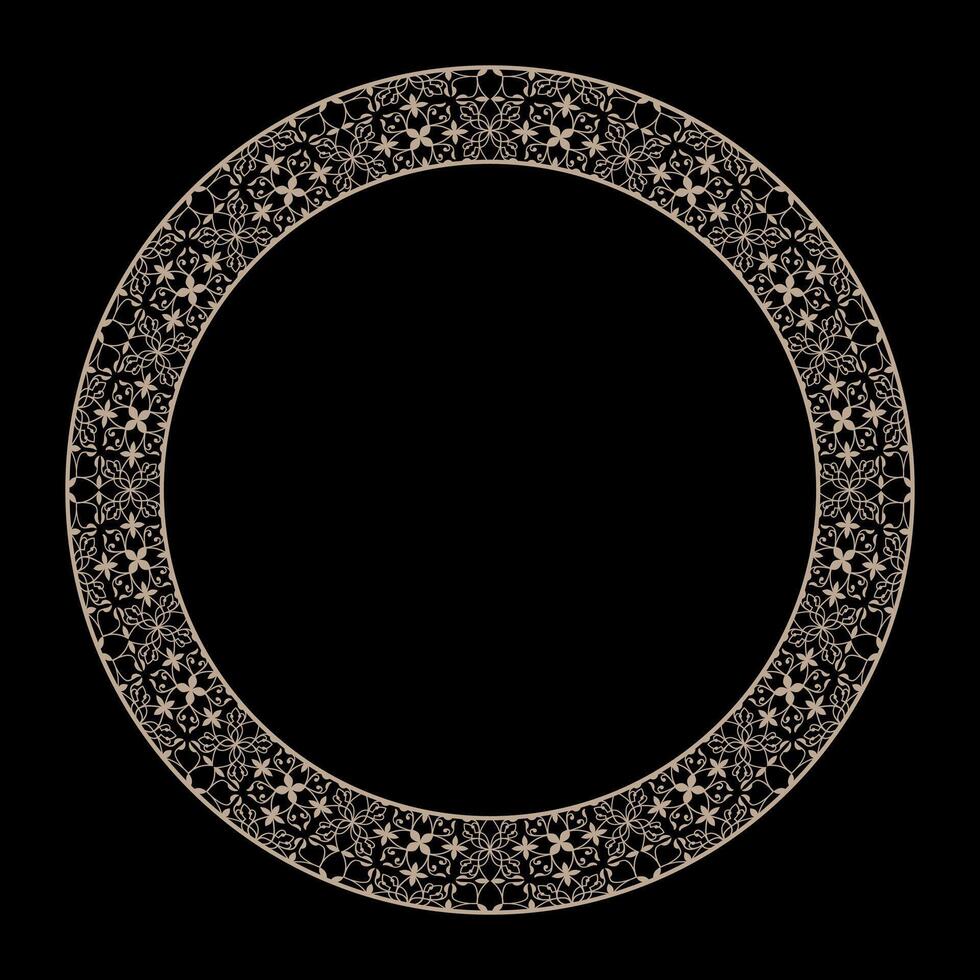Oriental gold round pattern with arabesques and floral elements. Traditional classic ornament. Round ornamental frame, Luxury frame, Arabic, Andalusian, Oriental, Arabesque styles. Plate frame vector