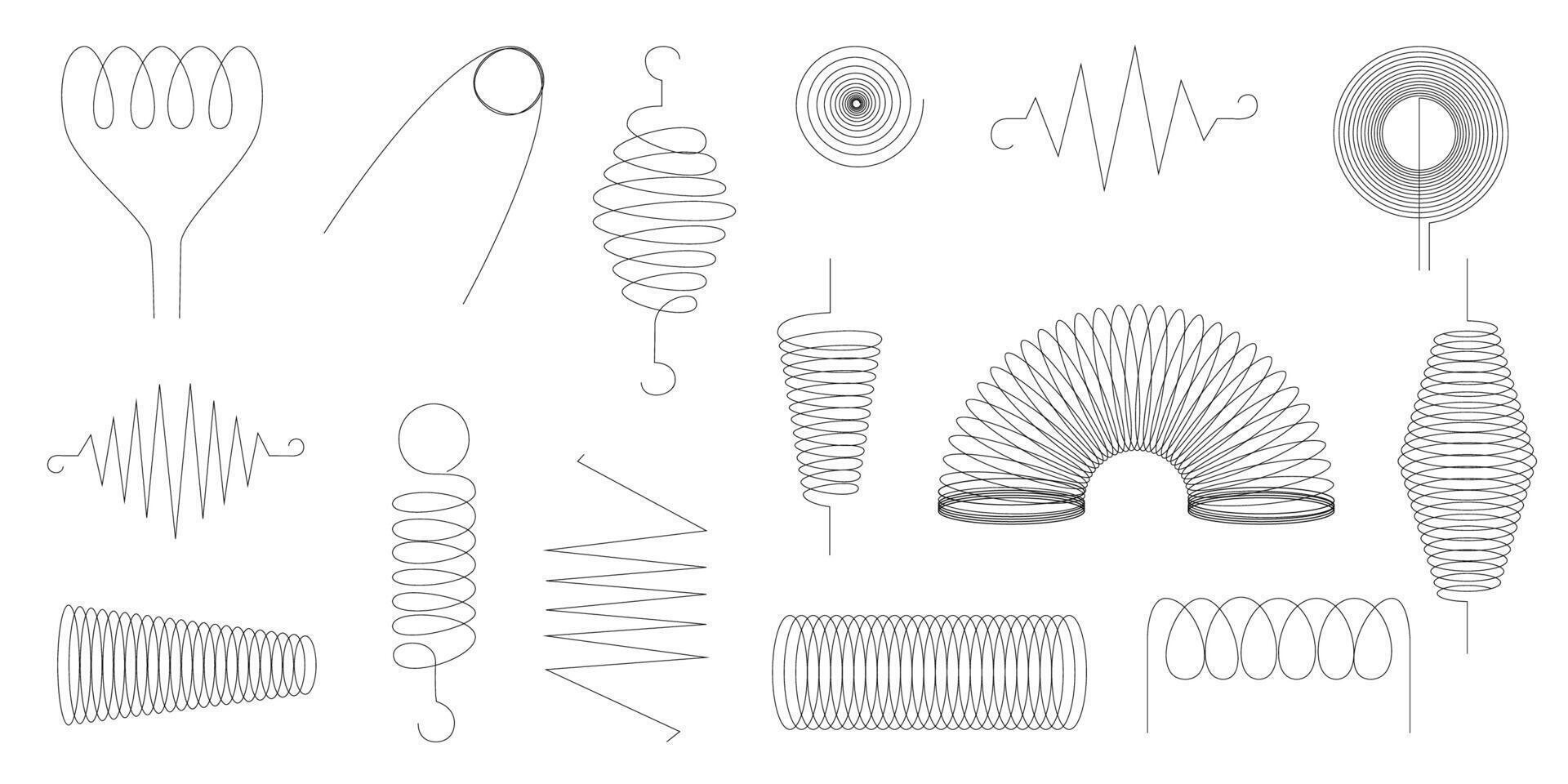 Line art icons featuring spring spiral and coil shapes ideal for creative projects seasonal themes posters web design branding materials and minimalist graphic elements vector