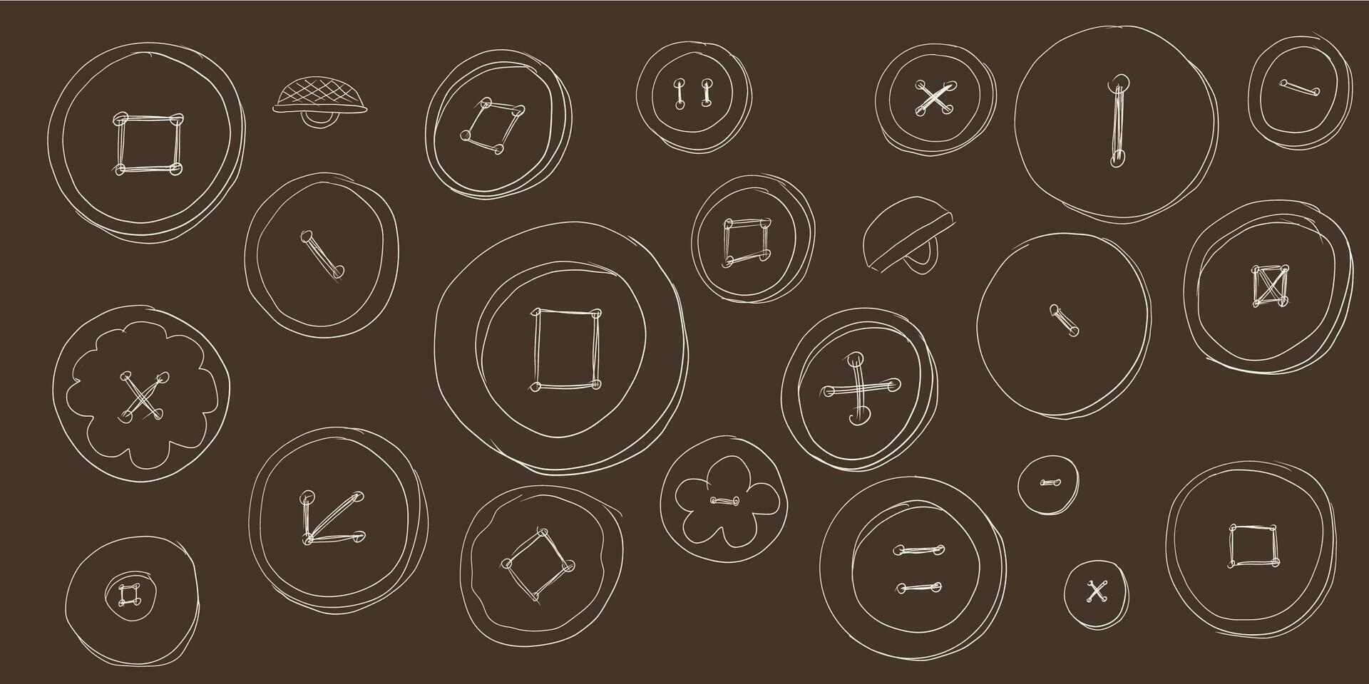 Set sewing buttons line art. Sewing accessories clothes various shapes. Hand drawn doodle on dark background vector