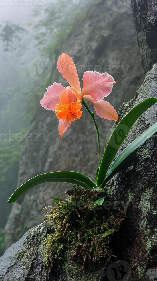 A Dreamy Cattleya Blossom in Misty Cliffside Beauty photo