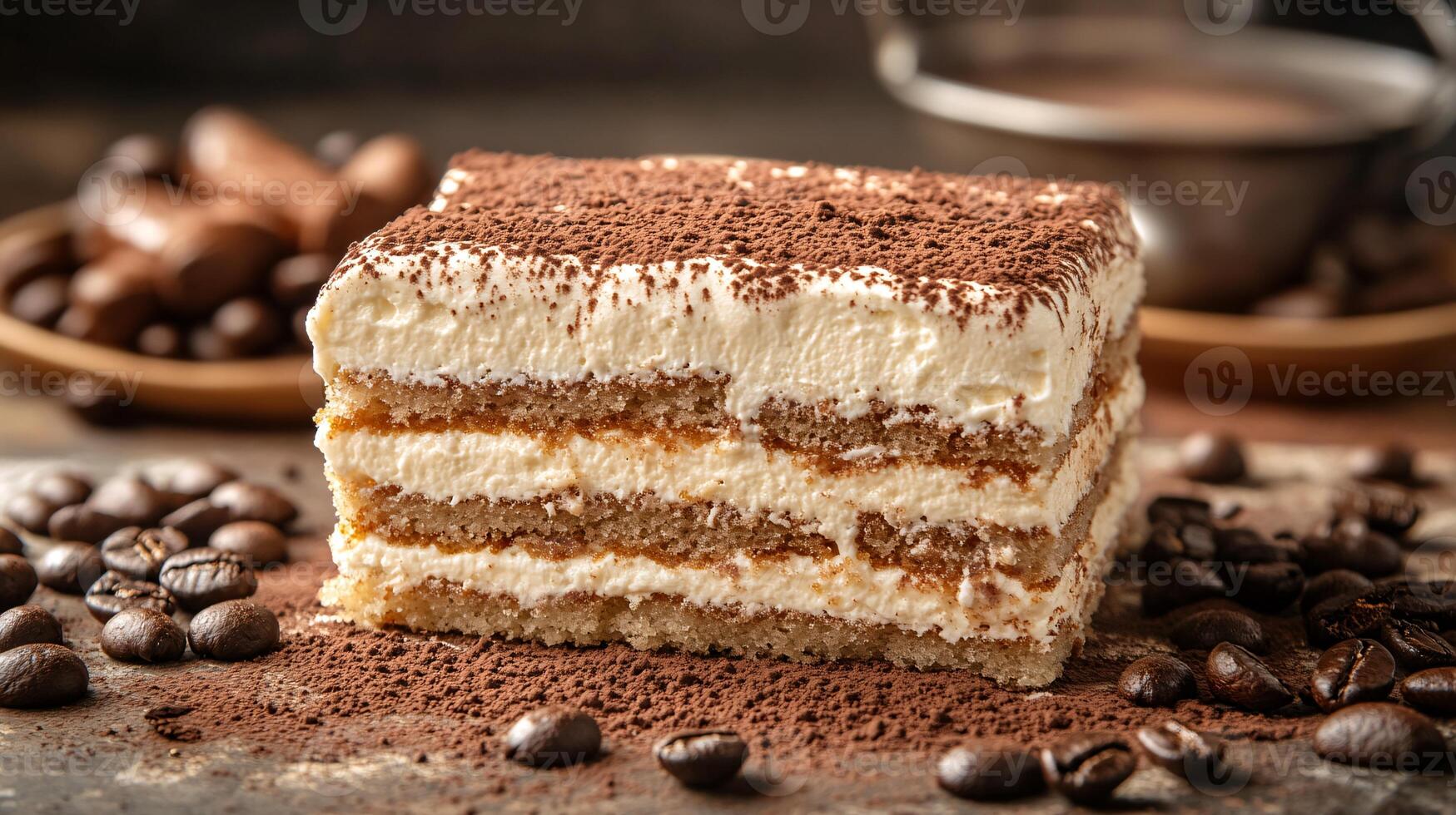 Ultra-realistic close-up of a decadent Tiramisu slice showcasing mascarpone cream photo