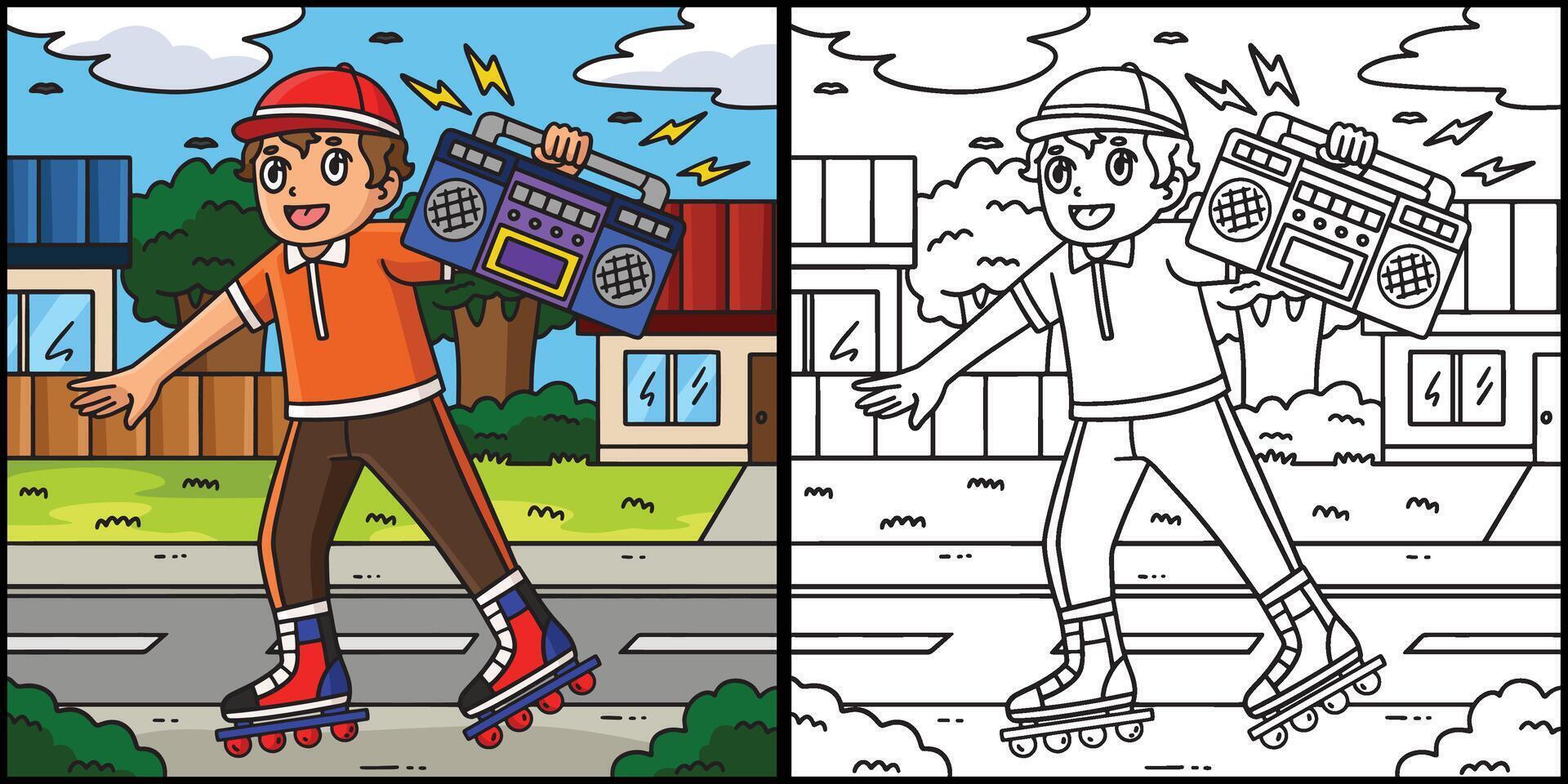 Inline Skater Carrying Radio Coloring Illustration vector