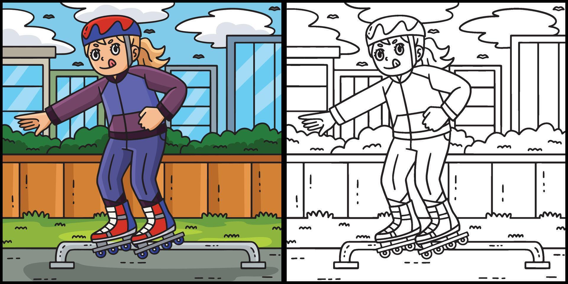 Female Inline Skater Grinding on Rail Illustration vector
