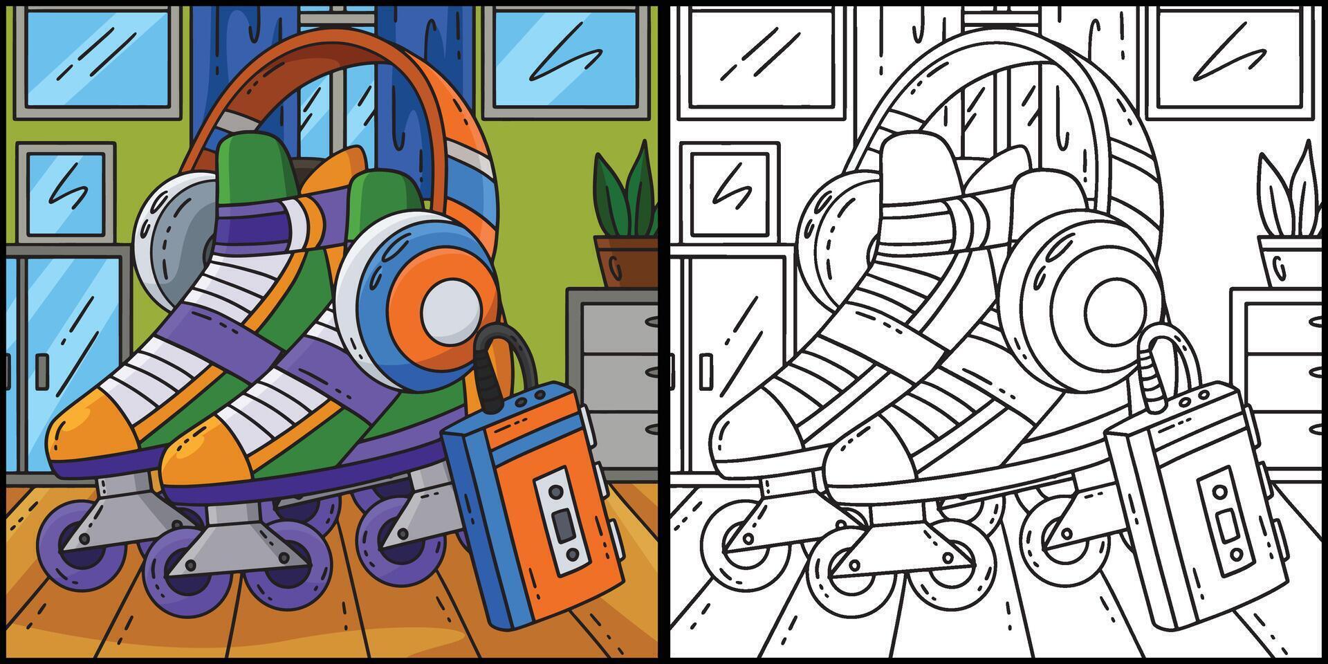 Roller Skates and Headphones Coloring Illustration vector