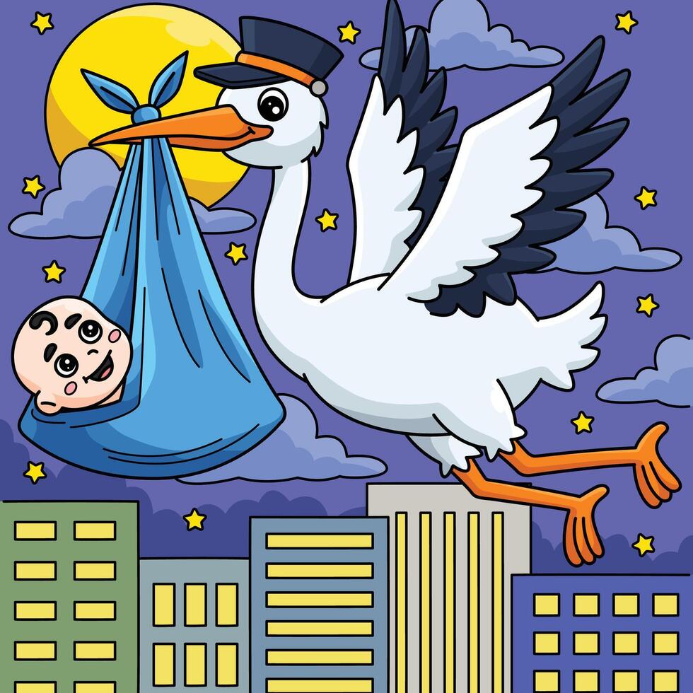 Baby Shower Stork with a Baby Colored Cartoon vector