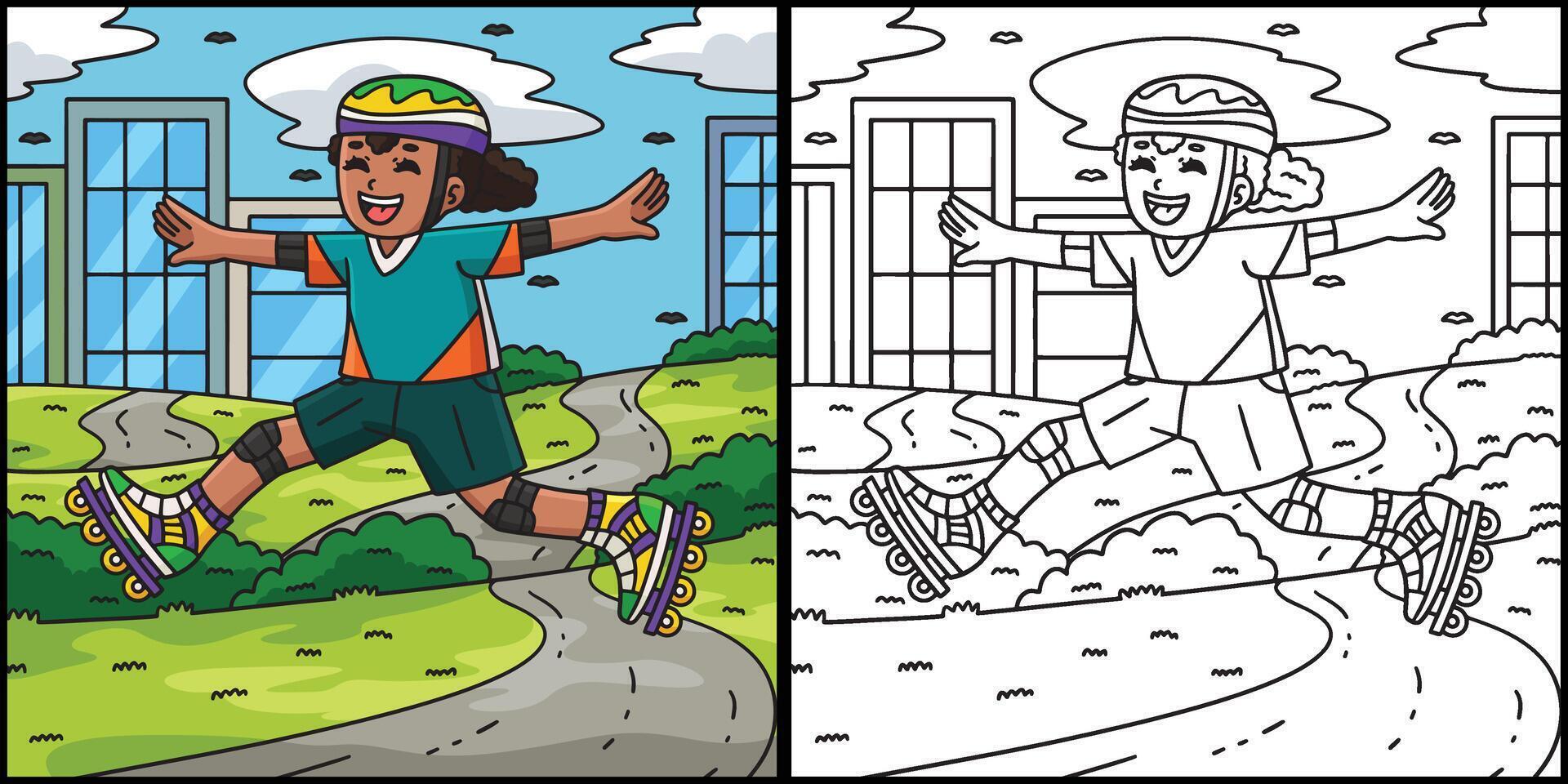 Female Inline Skater Jumping Coloring Illustration vector
