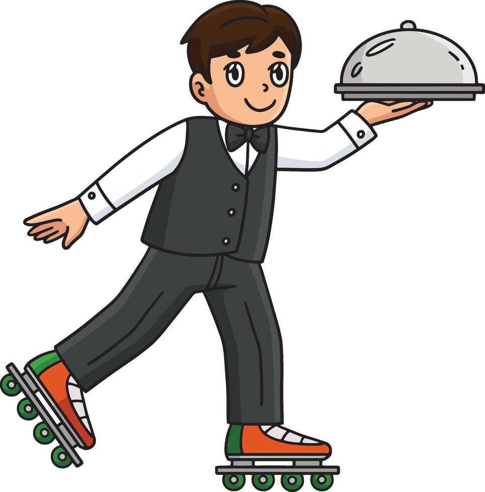 Inline Skates Waiter Cartoon Colored Clipart vector