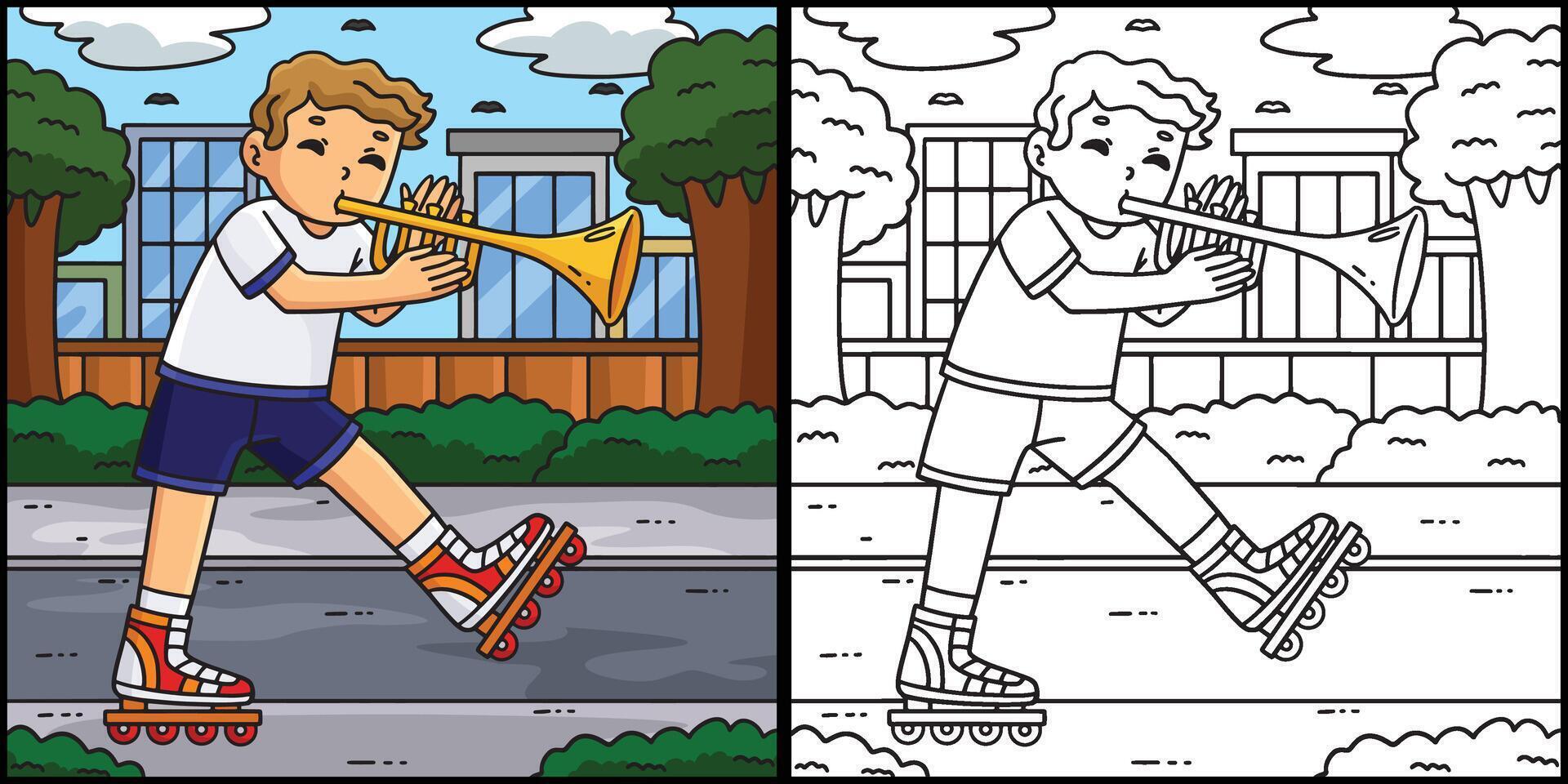 Inline Skater with Trumpet Coloring Illustration vector