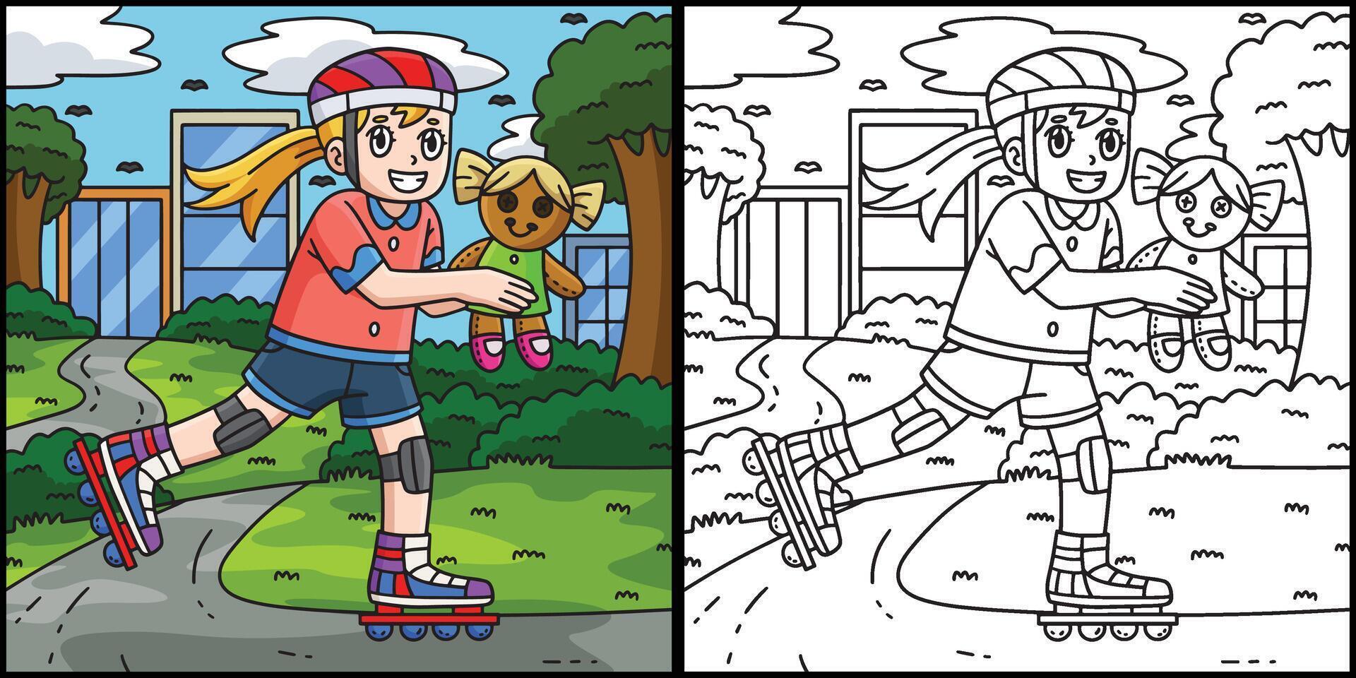 Female Inline Skating Doll Coloring Illustration vector