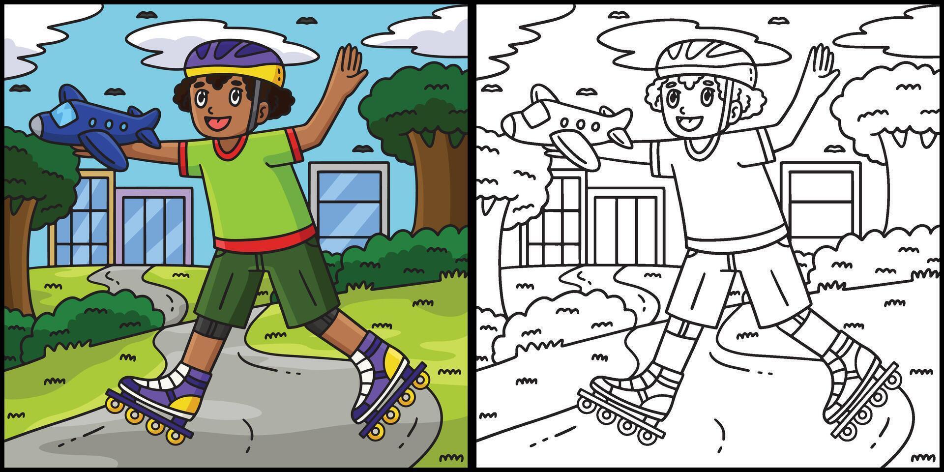 Inline Skating Boy with Toy Coloring Illustration vector