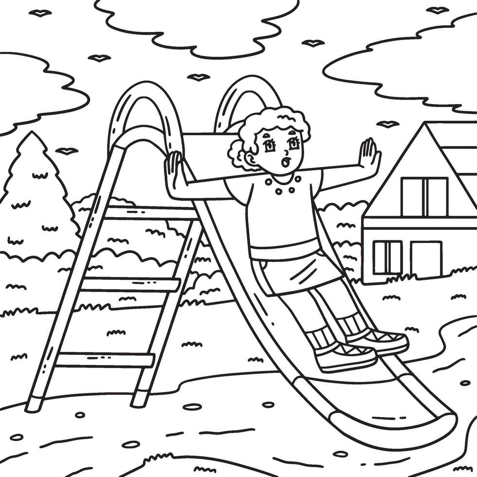 Playground Girl on a Slide Coloring Page for Kids vector