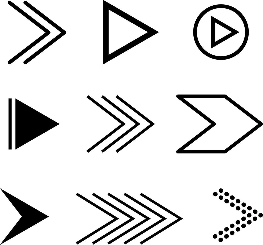 Minimal black arrow symbols including chevrons, play buttons, fast forward shapes and outline icons. Great for UI design, media navigation, infographic layouts and motion related projects. vector