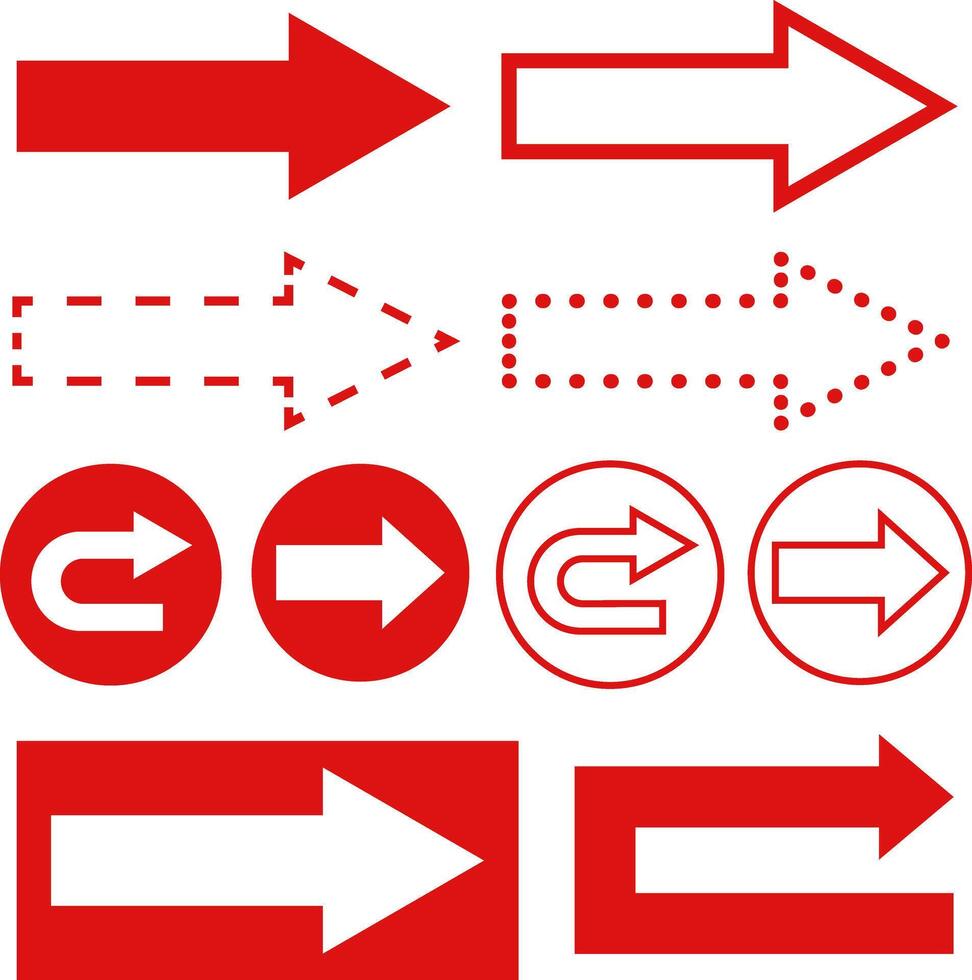 Collection of red arrows in flat, outline, dotted, and curved forms. Suitable for signage, web design, infographics, presentations, or editorial visuals. vector