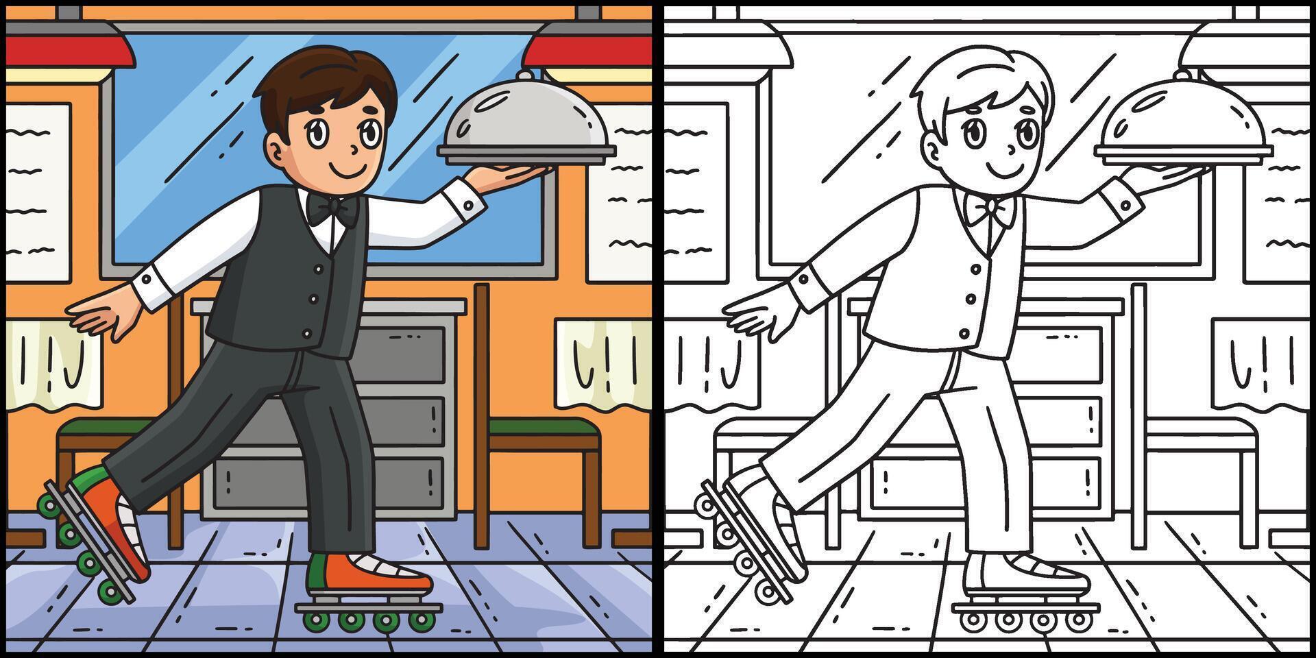 Inline Skates Waiter Coloring Page Illustration vector