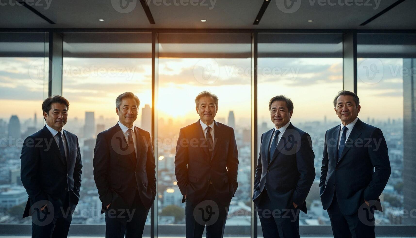 Business team standing by the window in office, with a cityscape view photo