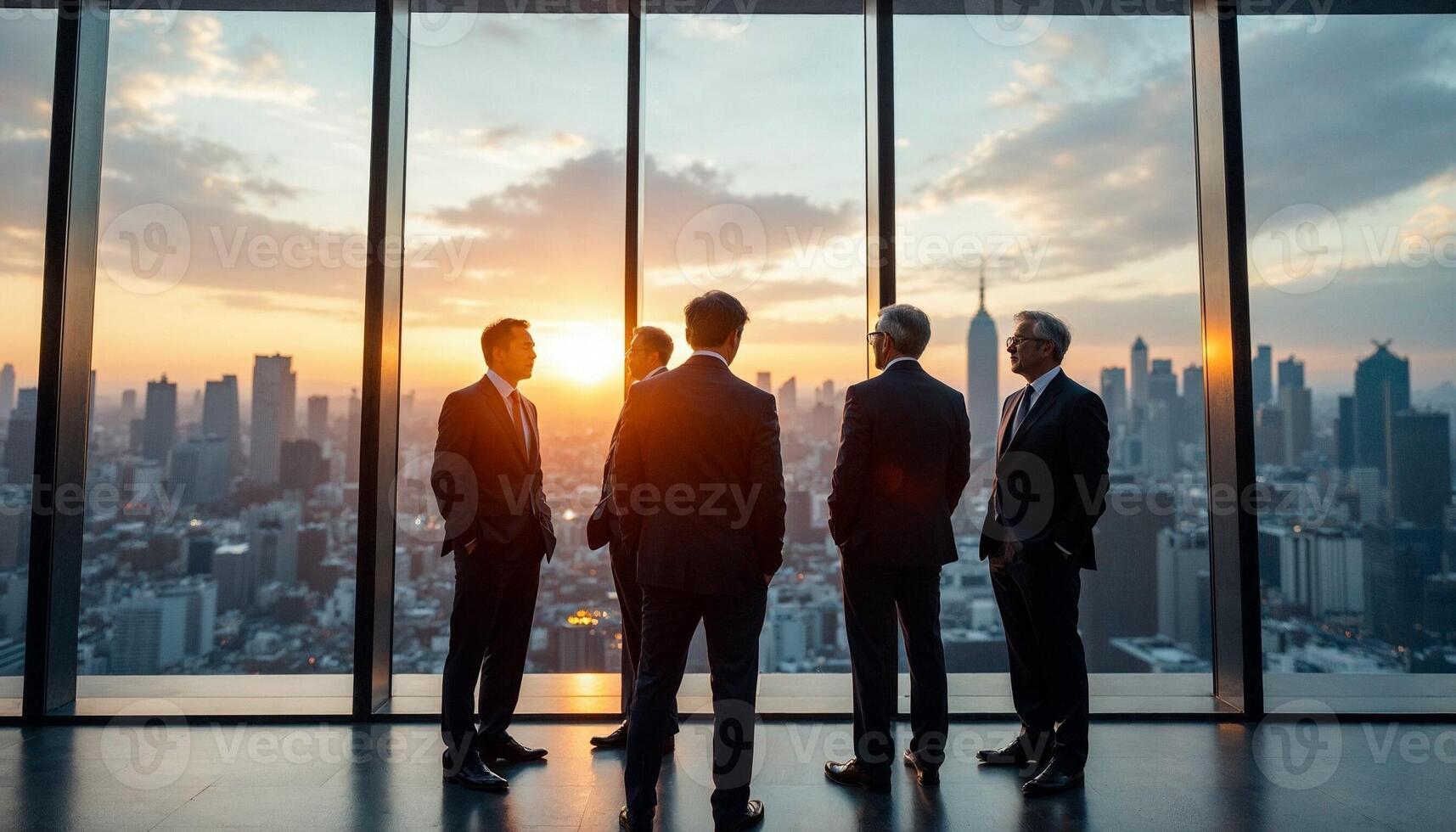 Group of business people standing by the window with city views at sunset photo