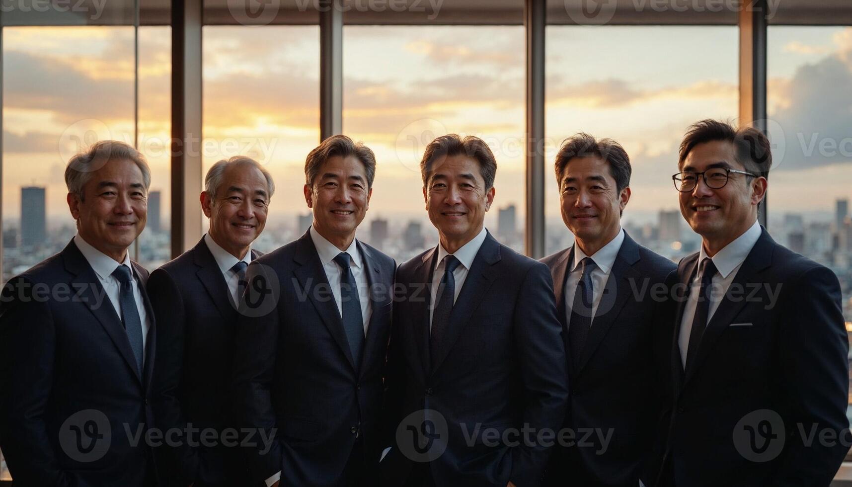 Business team in a modern office standing confidently with city views photo