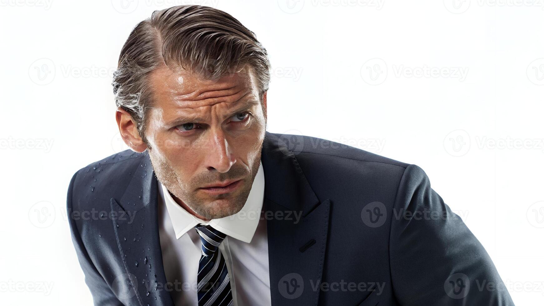 Serious Man Looking Away in Suit with Wet Jacket, Thoughtful Facial Expression photo