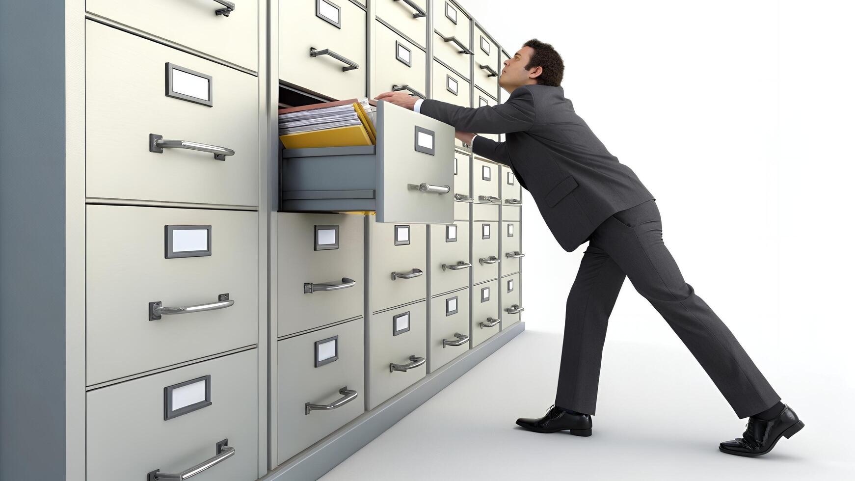 Man Opening Filing Cabinet Storing Documents in Office photo
