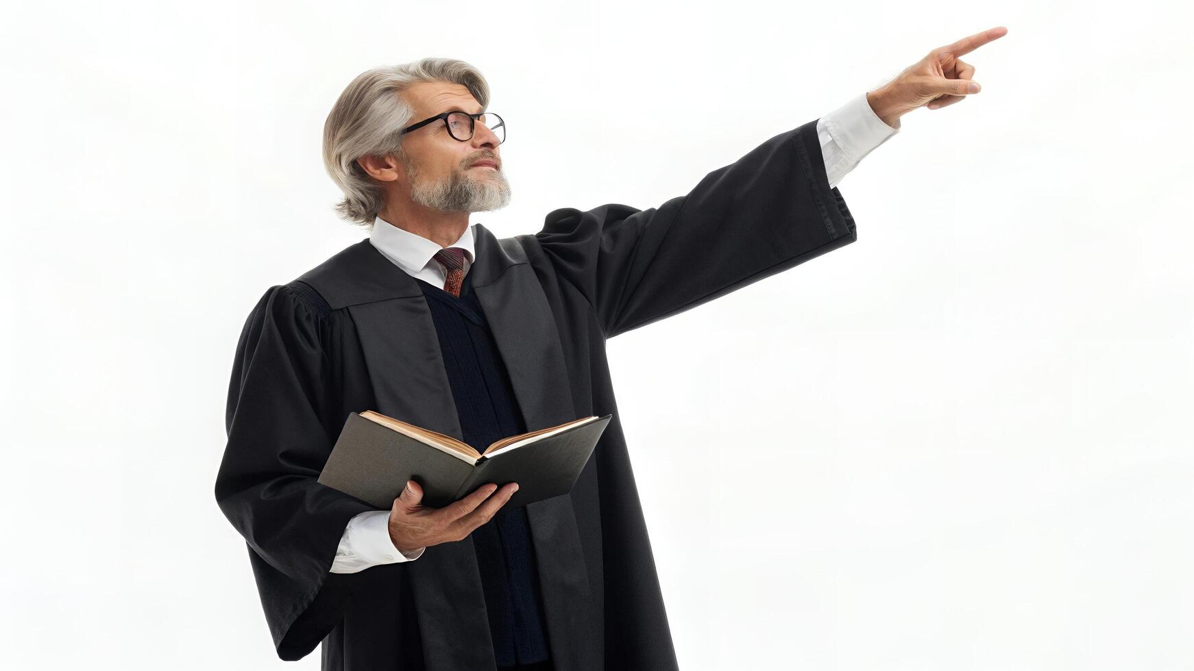 Man in Gown Pointing Holding Open Book on White Background photo