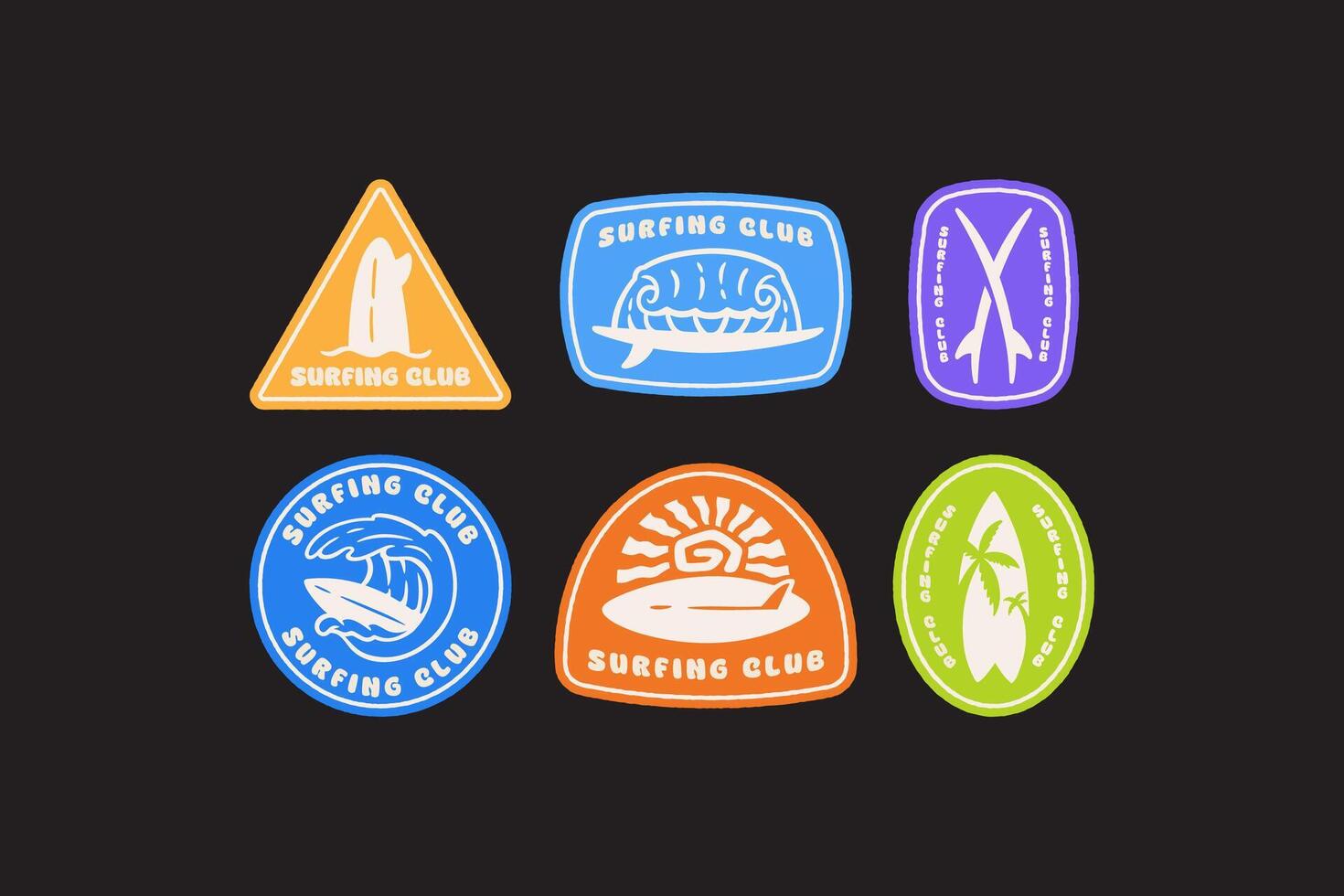 surfing board, wave, board crossed, sun, palm tree paradise retro badge logo design collection set for surfer, surfing, adventure, outdoor, swimmer and diver vector