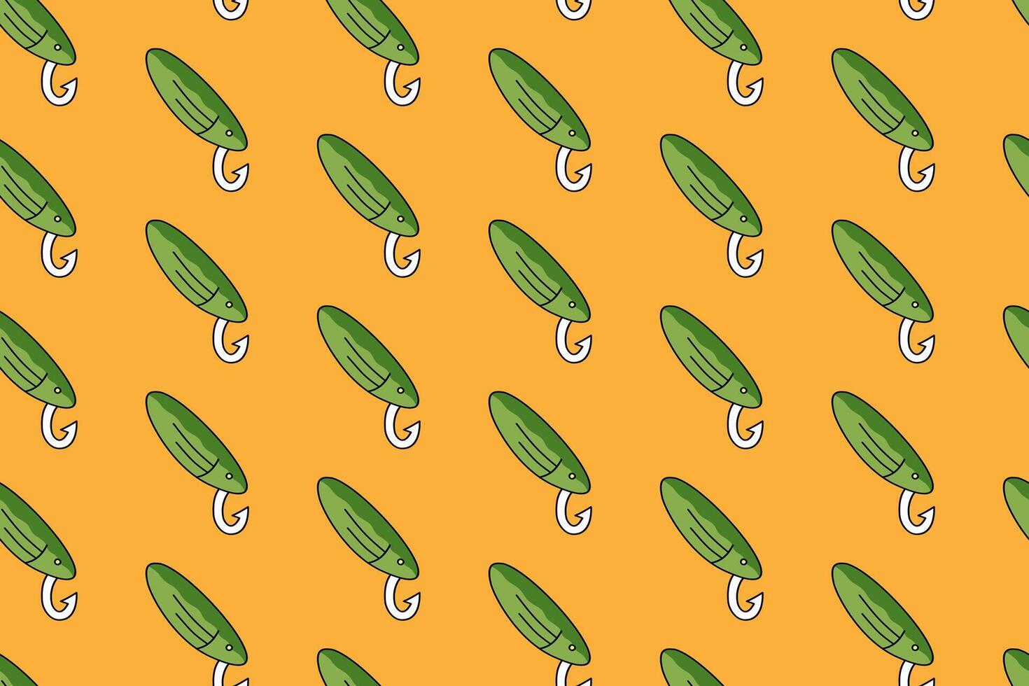 tackle with hook fishing gear colorful seamless pattern on yellow background. spinner with fish shape doodle pattern background. lure bait pattern wallpaper for fisherman, angling, fishing merchandise vector