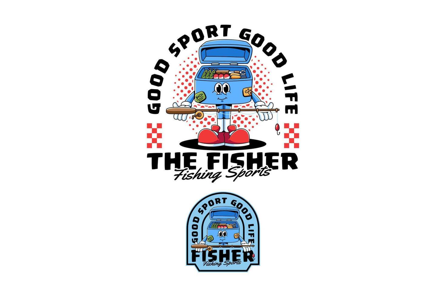 box storage containing fishing equipment retro cartoon character mascot illustration with standing pose and handing out a fishing rod for fisherman and fishing sport club mascots and merchandise vector