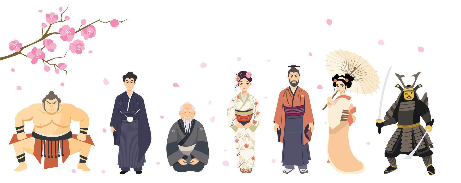 Japanese character set including samurai, geisha, sumo and traditional clothing vector