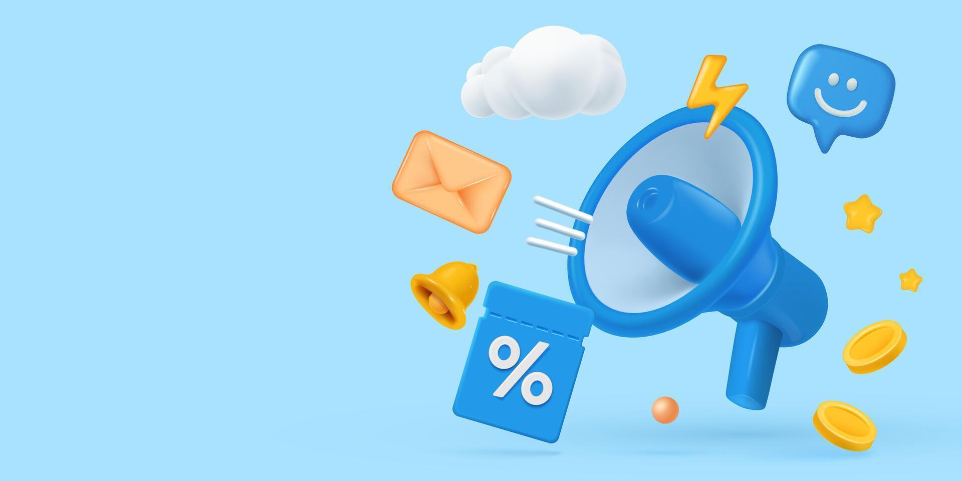 3D megaphone with percent sign, email, bell, and coins on blue background, representing alert, promotion, and communication. vector