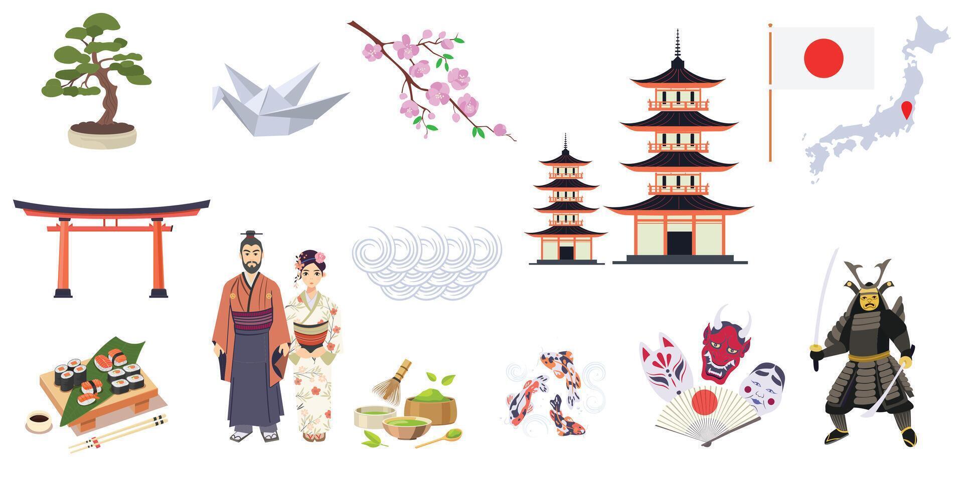 Japan culture set with sushi, samurai, torii gate, pagoda and traditional icons vector