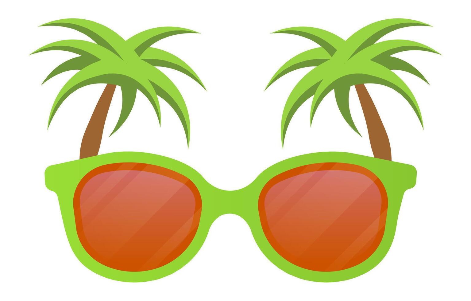 Green sunglasses with two palm trees growing on them suggest a relaxing summer vacation in a tropical location, evoking feelings of warmth, leisure, and escape vector