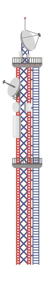 Telecommunication tower with multiple satellite dishes and antennas transmitting data, ensuring seamless connectivity and global communication vector