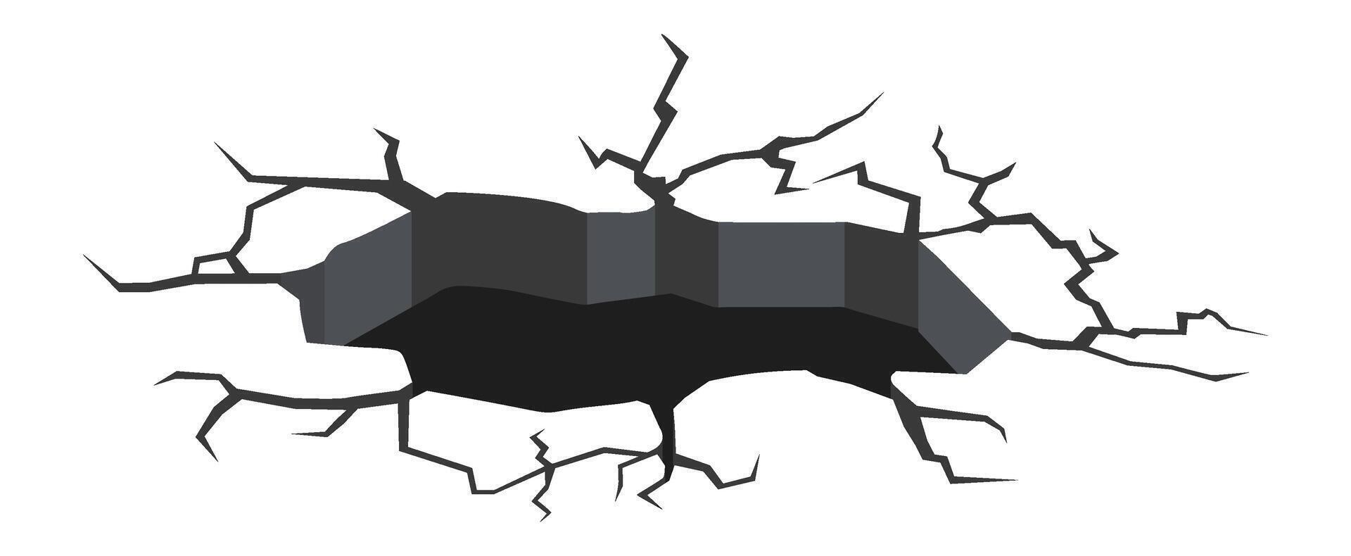 Ground splitting creating deep dark hole with jagged edges, representing concepts such as earthquake, damage, destruction, and geological phenomena vector