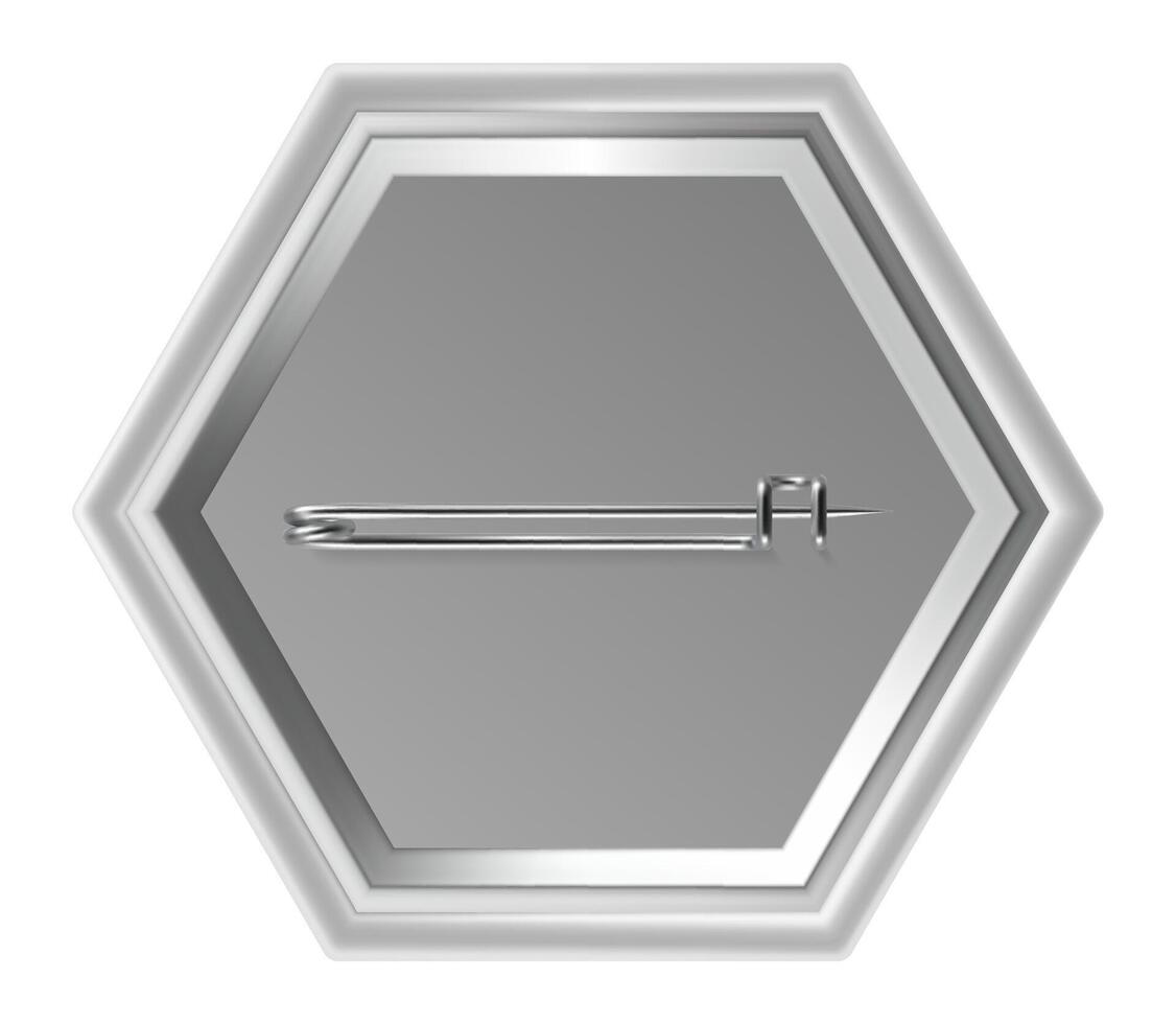 Hexagonal white badge featuring a pin on its back, isolated against a clean white background, providing a versatile canvas for creative design and branding projects vector