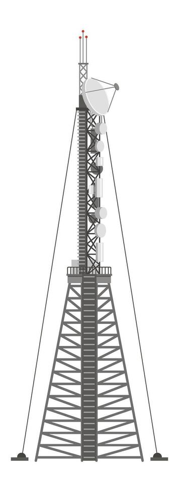 Telecommunication tower with satellite dish and multiple antennas is ensuring global connectivity, enabling seamless communication and data transmission worldwide vector