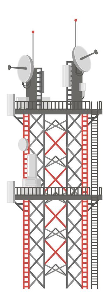 Telecommunication tower with parabolic antennas and other transmission and reception equipment is connecting and transmitting data, ensuring global communication vector