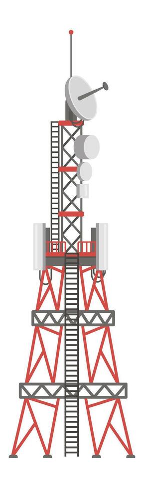 Telecommunication tower featuring satellite dish and antennas broadcasting signals, providing seamless connectivity and efficient data transmission for modern communication networks vector