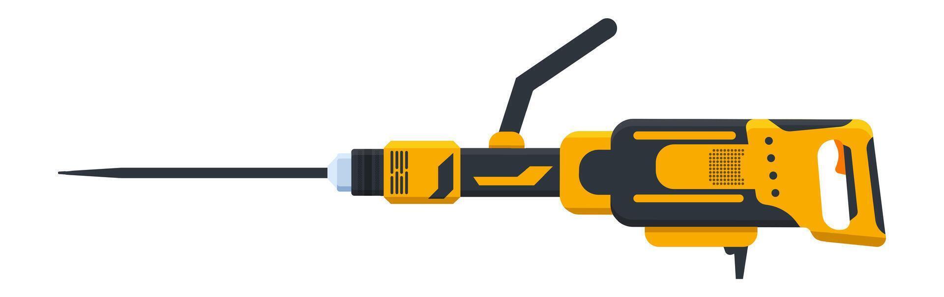 Professional electric demolition jackhammer with black and yellow handle isolated on white background representing construction, renovation, power, and destruction vector