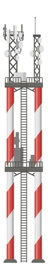 Telecommunication tower with antennas ensuring stable signal transmission and broadcasting over long distances, featuring a sturdy structure with platforms and a ladder for maintenance access vector