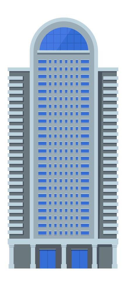 Modern skyscraper standing tall against white background, featuring numerous blue windows and a distinctive arched roof, representing contemporary urban architecture vector