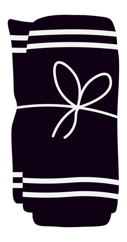 Rolled black beach towel featuring white stripes, elegantly tied with string, presented as an isolated illustration in a simple cartoon style, perfect for summer vibes vector