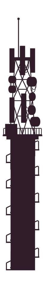Telecommunication tower silhouette standing tall against a white background, featuring various antennas and dishes, symbolizing connectivity and communication vector