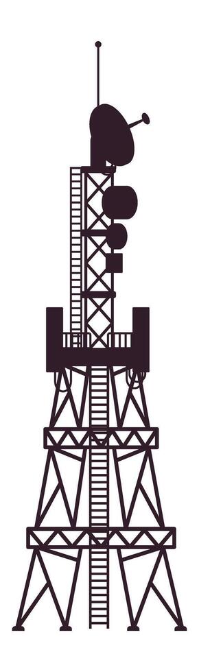 Silhouette of a telecommunication tower with multiple satellite dishes and antennas, transmitting data wirelessly, ensuring communication coverage over a wide area vector