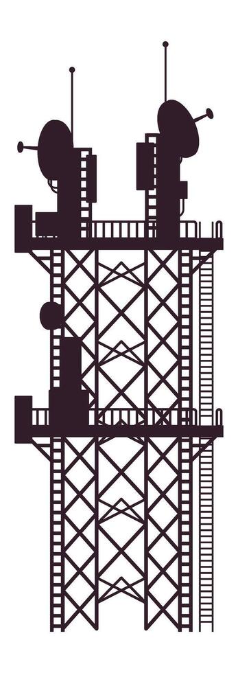Silhouette of a telecommunication tower featuring satellite dishes, antennas, and a ladder, ideal for representing concepts related to communication, broadcasting, and technology vector